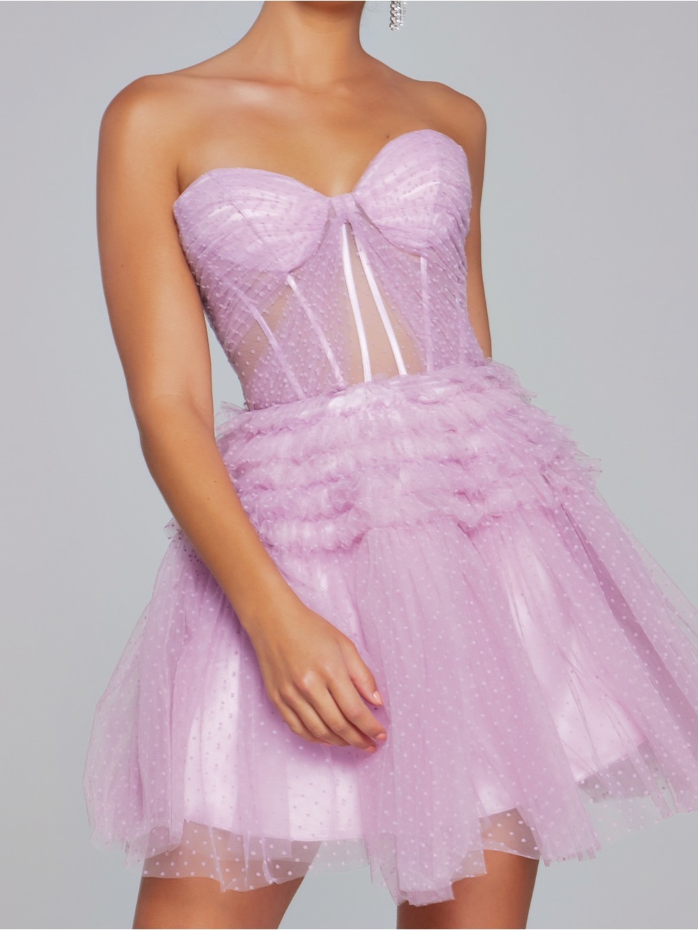 NWT Jovani Lilac Ruched Sweetheart Neckline Illusion Corset Mini Dress 4046